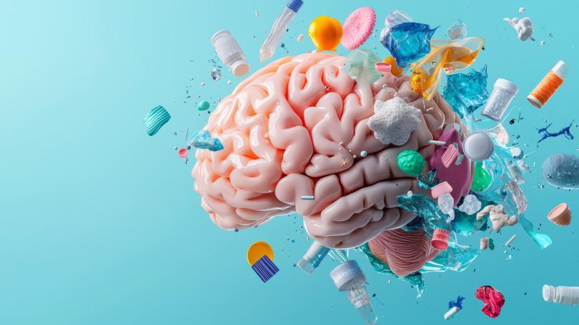 Illustration of a brain with microplastics depicted, exploring potential neurological impacts.