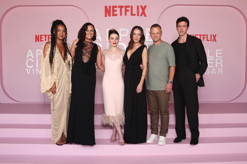 Sam Strauss (second from the left) with actors Aisha Dee, Kaitlyn Dever, Alycia Debnam-Carey, director Jeffrey Walker and actor Ashley Zukerman at the Apple Cider Vinegar premiere in Sydney.