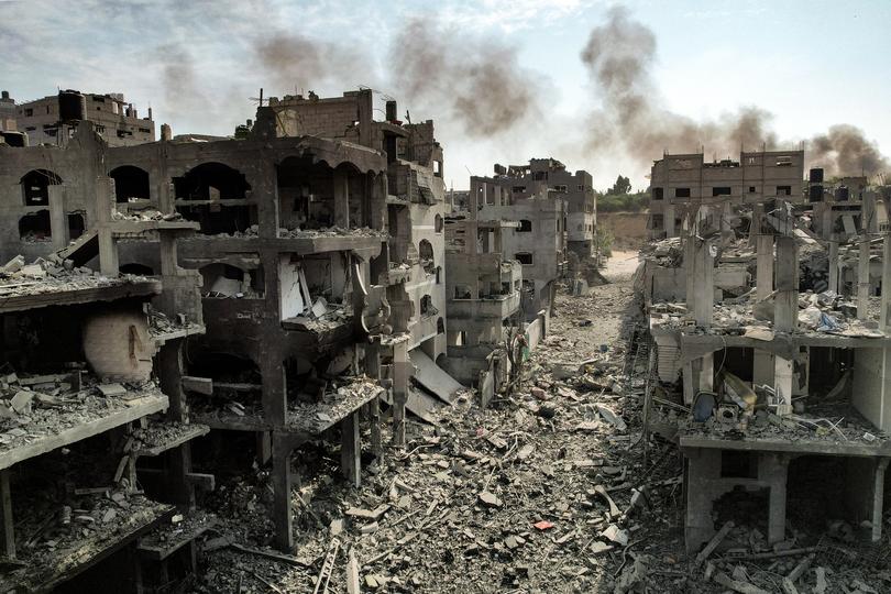 An aerial view of buildings destroyed by Israeli air strikes in the Jabalia camp for Palestinian refugees in Gaza City.