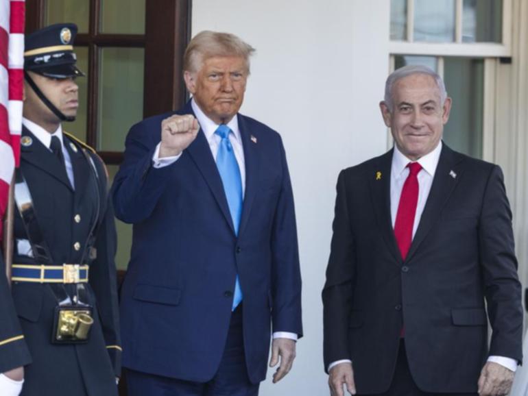 Donald Trump greeted Israeli Prime Minister Benjamin Netanyahu as he arrived for bilateral talks. 