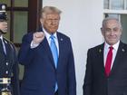 Donald Trump greeted Israeli Prime Minister Benjamin Netanyahu as he arrived for bilateral talks. (EPA PHOTO)