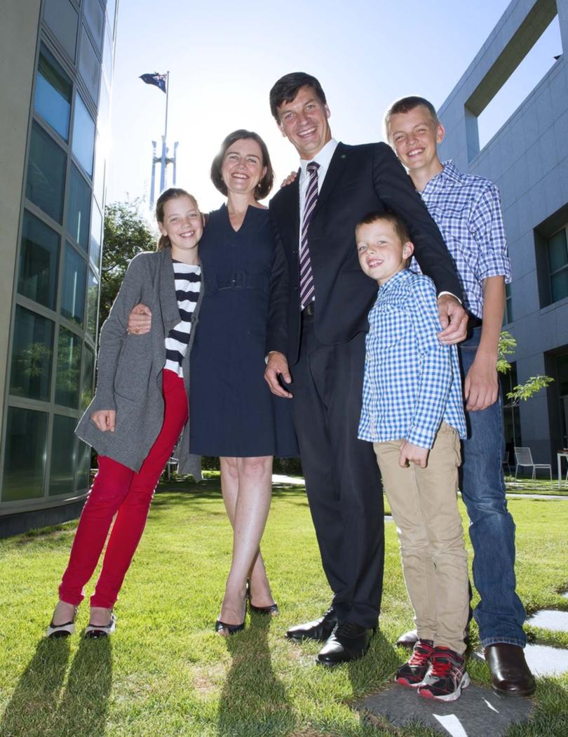 Angus Taylor with his family before making his maiden speech in Federal Parliament.