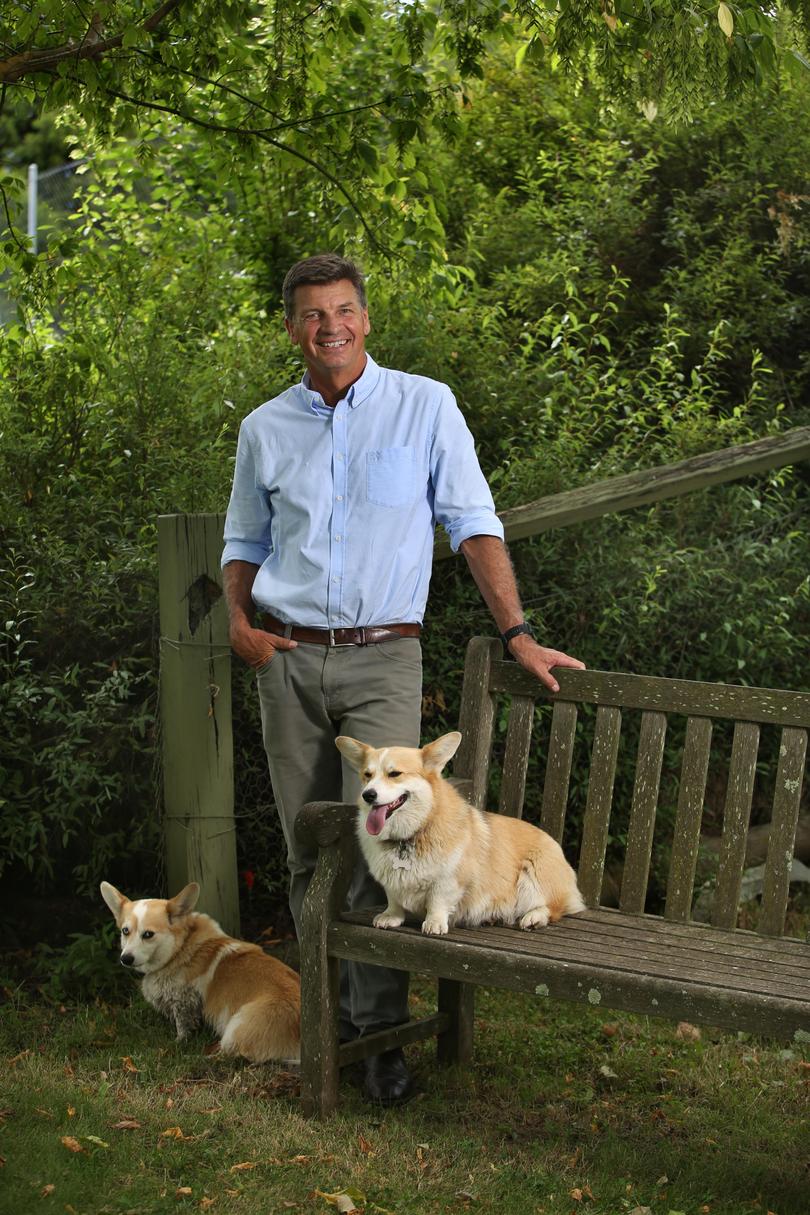 Angus Taylor, with corgis Frankie and Violet, is a fourth-generation sheep farmer.