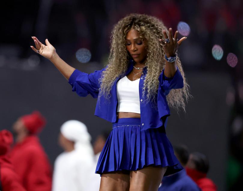 NEW ORLEANS, LOUISIANA - FEBRUARY 09: Serena Williams performs onstage during Apple Music Super Bowl LIX Halftime Show at Caesars Superdome on February 09, 2025 in New Orleans, Louisiana.  (Photo by Emilee Chinn/Getty Images)