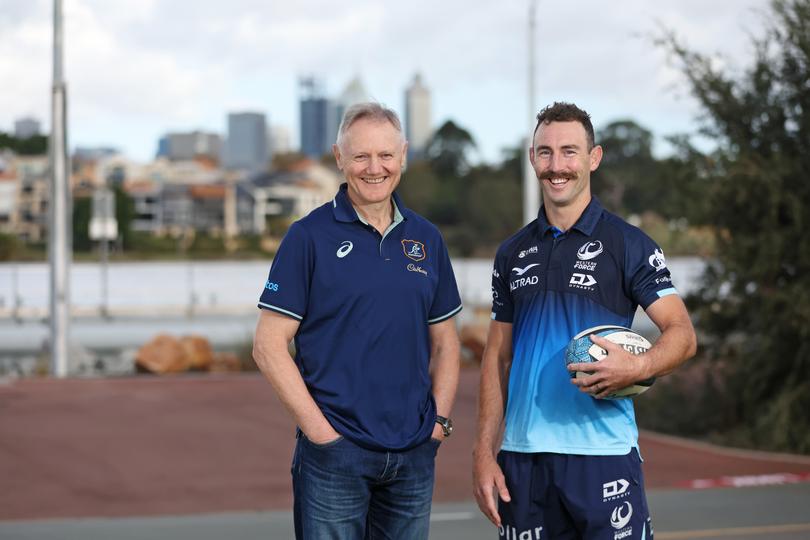 Wallabies' coach Joe Schmidt's first trip to Perth, pictured with Wallabies and Western Force scrumhalf Nic White, in 2024.