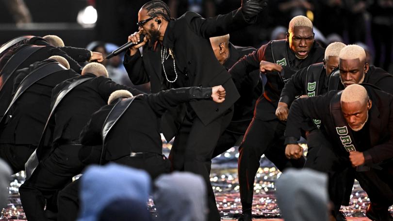 Kendrick Lamar performs during halftime in Super Bowl LVI at SoFi Stadium in 2022.