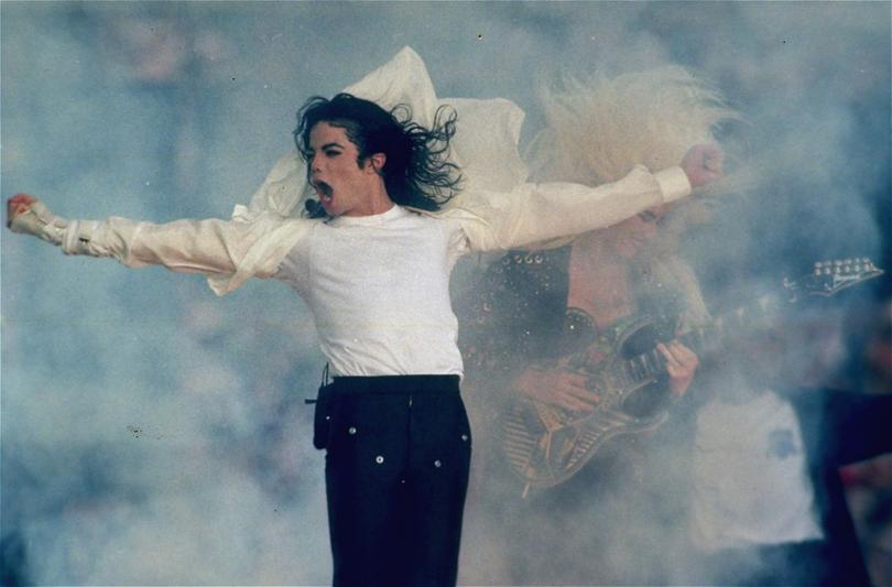 Michael Jackson performs during the halftime show at the Super Bowl XXVII in Pasadena in 1993.