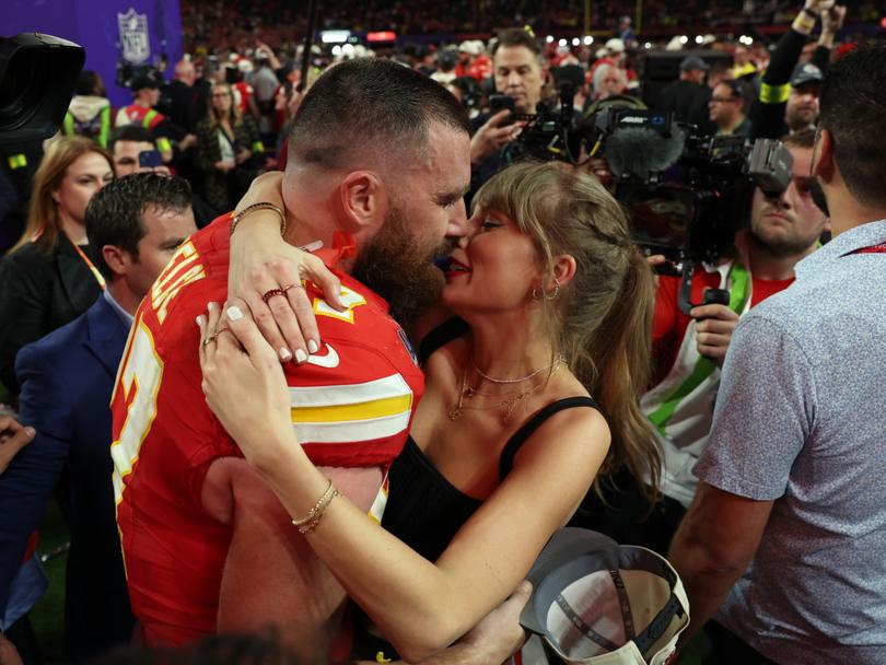 Travis Kelce and Taylor Swift at the Super Bowl last year.