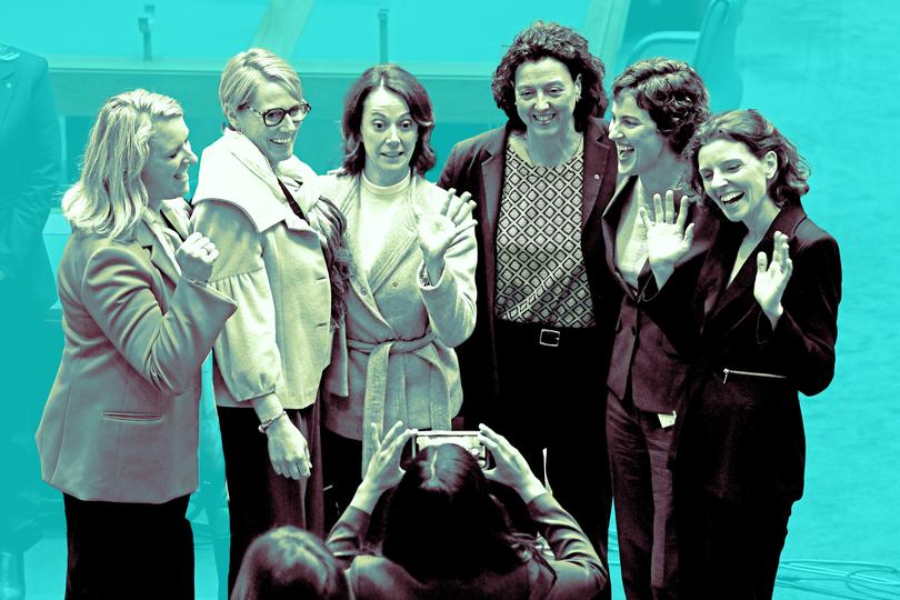 Independent MPs Kylea Tink, Zoe Daniel, Sophie Scamps, Monique Ryan, Kate Chaney and Allegra Spender pose for a selfie at Parliament House shortly after being elected in June 2022.