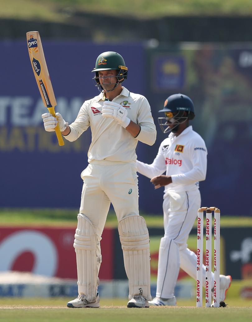 GALLE, SRI LANKA - FEBRUARY 08: Alex Carey of Australia celebrates scoring his 150 runs during day three of the Second Test match in the series between Sri Lanka and Australia at Galle International Stadium on February 08, 2025 in Galle, Sri Lanka. (Photo by Robert Cianflone/Getty Images)