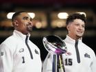 Jalen Hurts (l) and Patrick Mahomes before taking the field in New Orleans