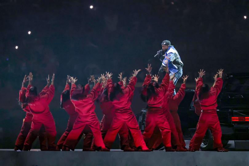 NEW ORLEANS, LOUISIANA - FEBRUARY 09: Kendrick Lamar performs onstage during Apple Music Super Bowl LIX Halftime Show at Caesars Superdome on February 09, 2025 in New Orleans, Louisiana.  (Photo by Emilee Chinn/Getty Images)