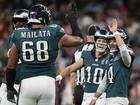 Australia's Jordan Mailata celebrates during the Super Bowl win of his Philadelphia Eagles. (AP PHOTO)