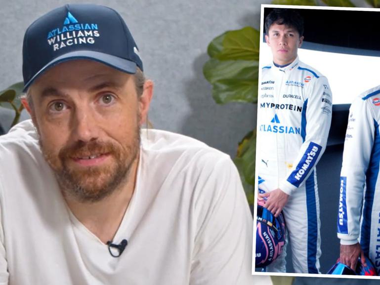 Atlassians’ Mike Cannon-Brookes reveals the sponsorship deal. Inset, Williams drivers Alex Albon and Carlos Sainz.