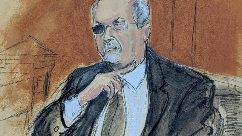 In this courtroom sketch, Salman Rushdie testifies on the witness stand gesturing how the attacker slashed his throat during the 2022 onstage attack.