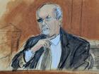 In this courtroom sketch, Salman Rushdie testifies on the witness stand gesturing how the attacker slashed his throat during the 2022 onstage attack.