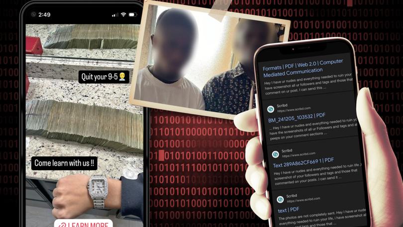 From left: Ads for the Nigerian scam school on social media; two men set to be prosecuted over a sextortion scheme that left a NSW teenager dead; and a screenshot of some of the sextortion threats people are receiving on Scribd.