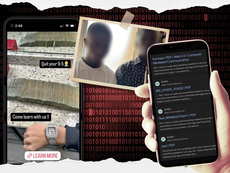 From left: Ads for the Nigerian scam school on social media; two men set to be prosecuted over a sextortion scheme that left a NSW teenager dead; and a screenshot of some of the sextortion threats people are receiving on Scribd.