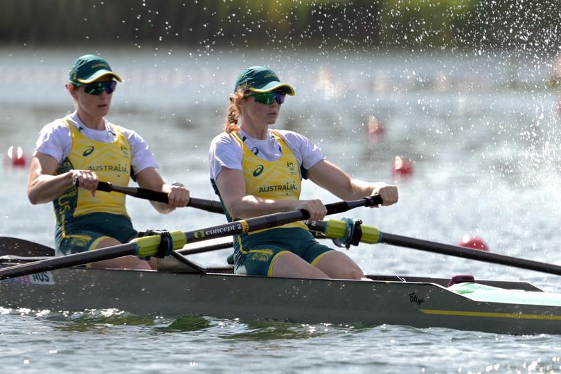 Australia's Jess Morrison (L) and Australia's Annabelle Mcintyre compete in the women's pair heats rowing competition at Vaires-sur-Marne Nautical Centre in Vaires-sur-Marne during the Paris 2024 Olympic Games on July 28, 2024.