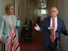 Independent Member for Warringah Zali Steggall confronts Minister for Trade Don Farrell during a doorstop at Parliament House.