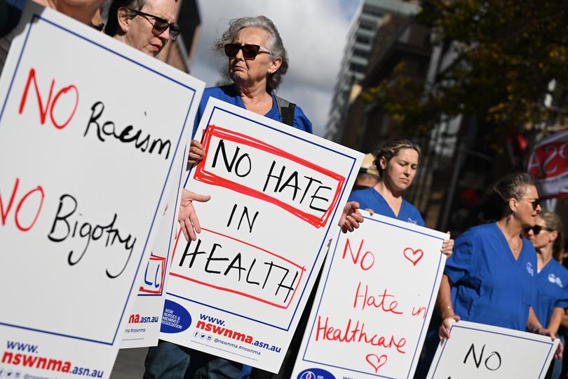 Nurses and and midwives protest in Sydney today.