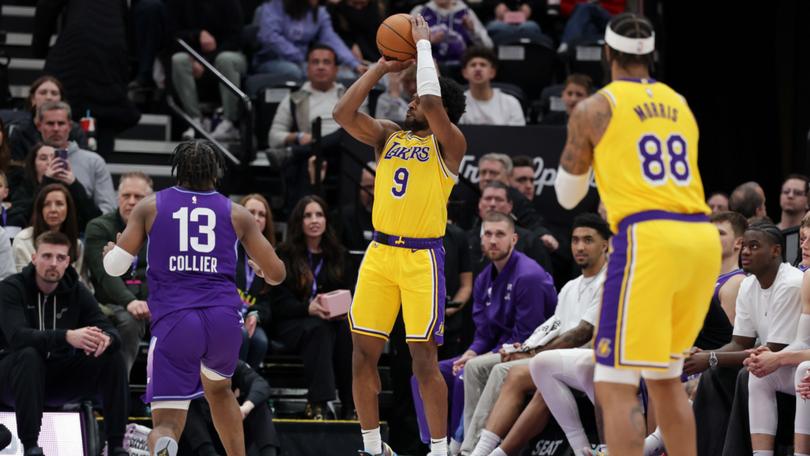 Bronny James shoots a three point shot against the Utah Jazz.