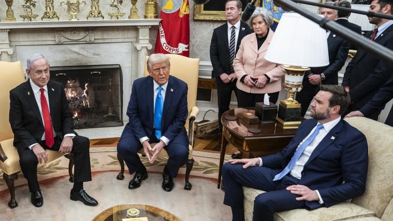 National security adviser Michael Waltz, White House Chief of Staff Susie Wiles and Vice President JD Vance listen as President Donald Trump and Israeli Prime Minister Benjamin Netanyahu speak in the Oval Office on Feb. 4.