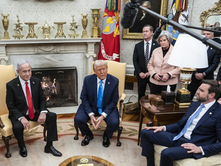 National security adviser Michael Waltz, White House Chief of Staff Susie Wiles and Vice President JD Vance listen as President Donald Trump and Israeli Prime Minister Benjamin Netanyahu speak in the Oval Office on Feb. 4.