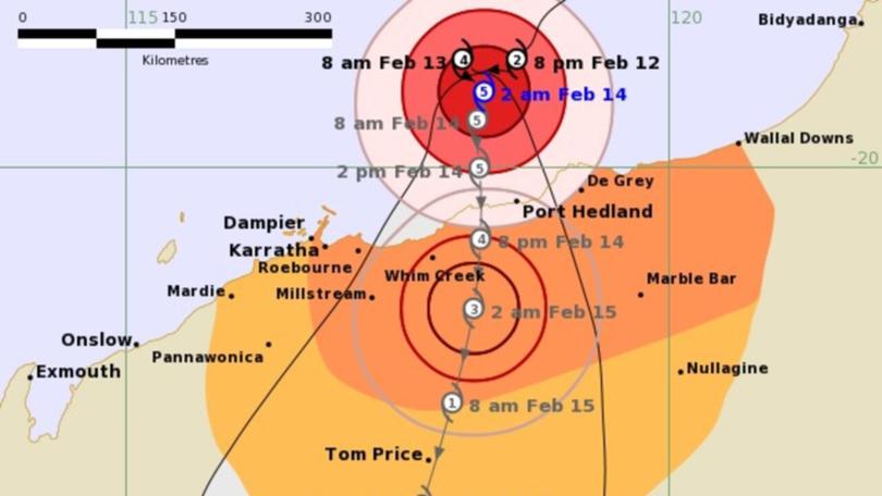 Tropical Cyclone Zelia threatens the Pilbara coast. Picture: Bureau of Meteorology