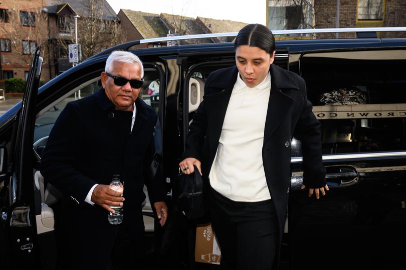 Sam Kerr arrives at Kingston-Upon-Thames Crown Court with her father Roger Kerr.