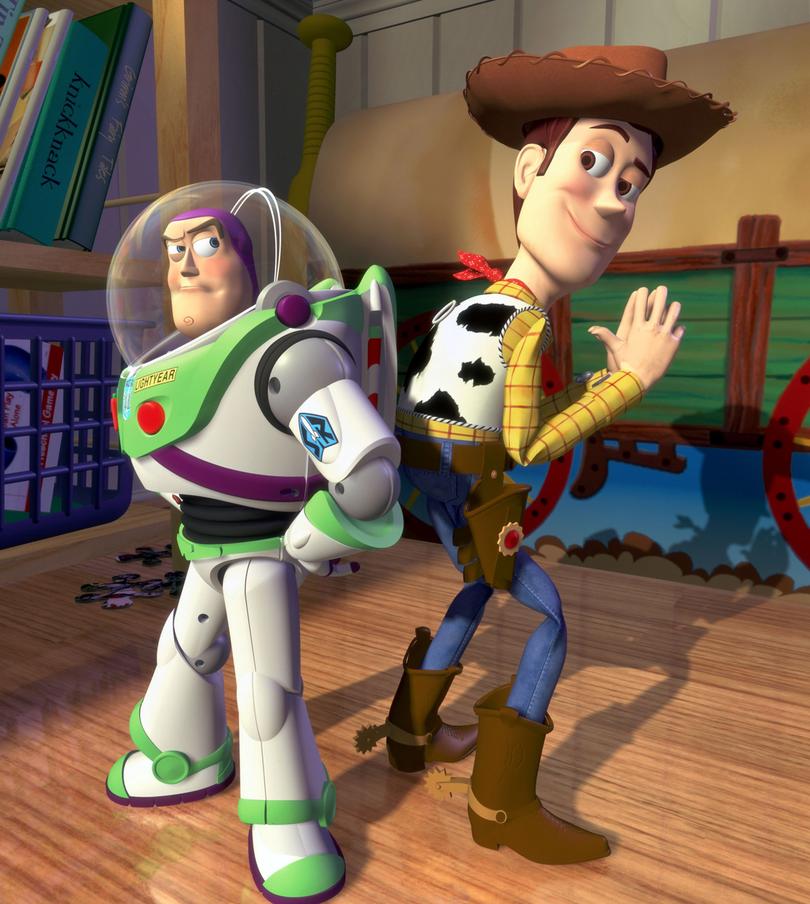 Buzz and Woody, as voiced by Tim Allen and Tom Hanks.