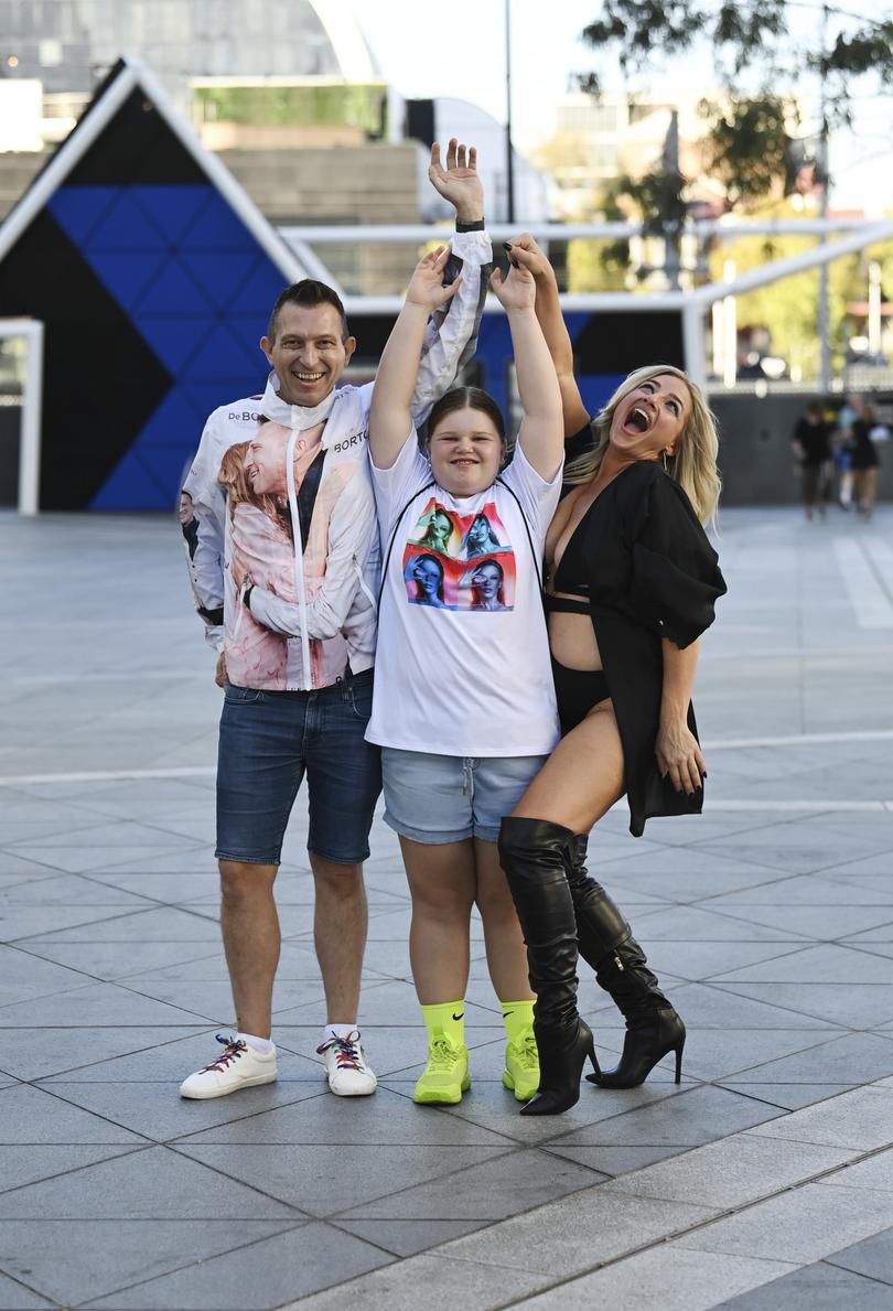 Fans arrive for Kylie Minogue performing at RAC Arena Perth. L to r Kevin Winder, Emily Ewels and Ashley Renfro.