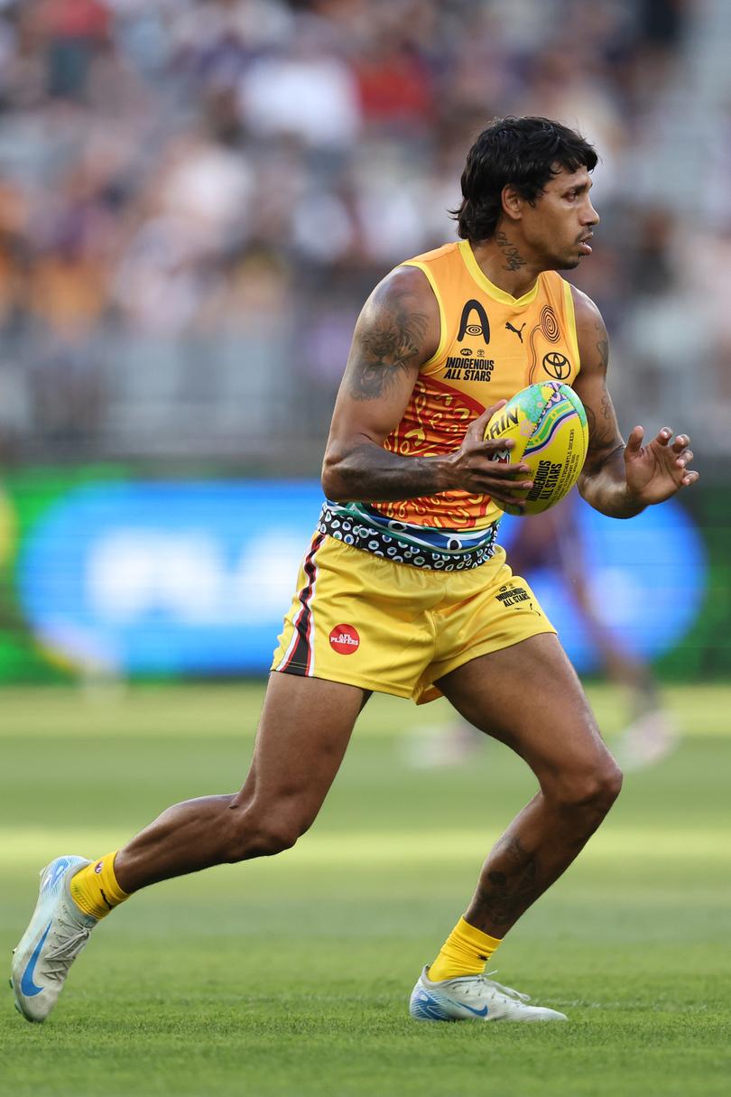 PERTH, AUSTRALIA - FEBRUARY 15: Tim Kelly of the All Stars in action during the 2025 Toyota AFL Indigenous All Stars Match between the Indigenous All Stars and Fremantle Dockers at Optus Stadium on February 15, 2025 in Perth, Australia. (Photo by Paul Kane/Getty Images)