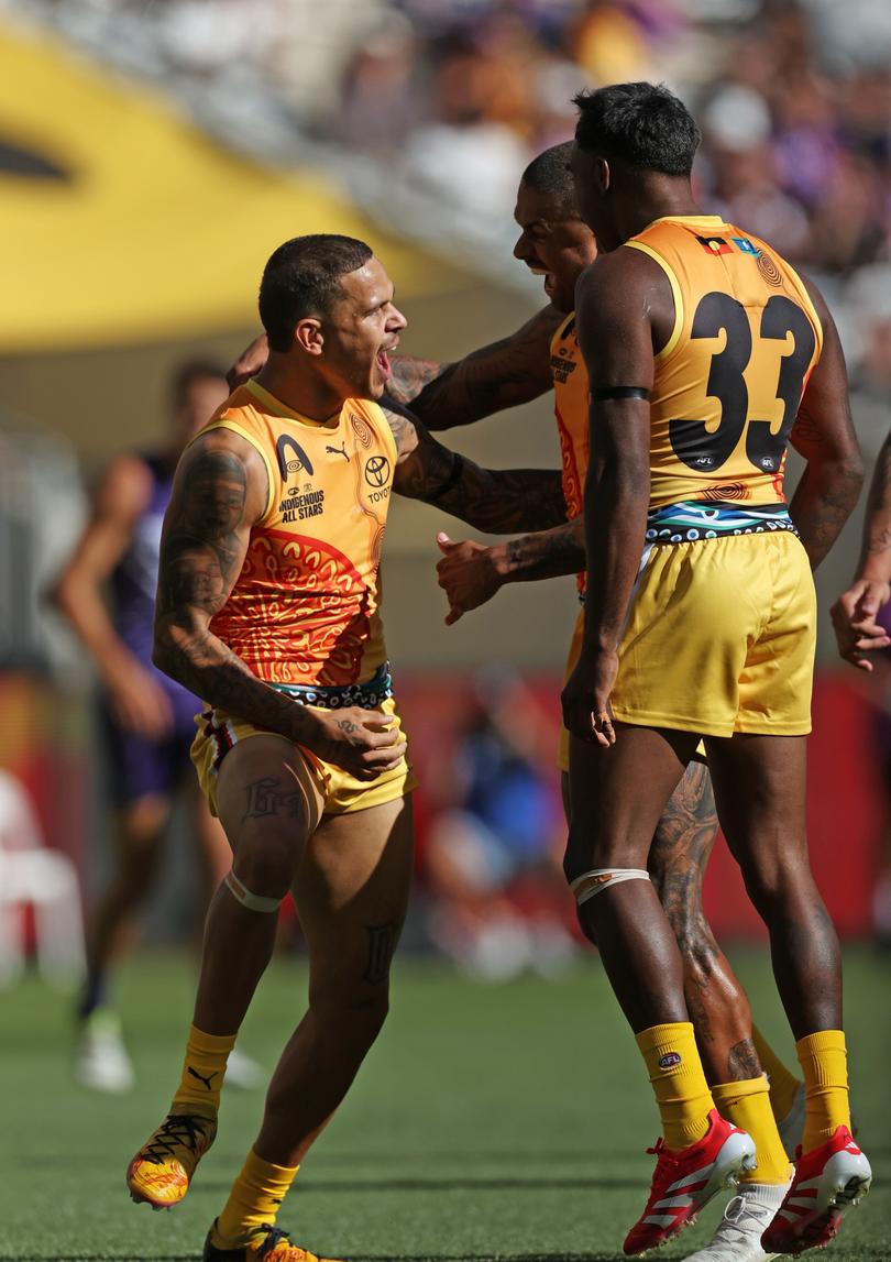 AFL Indigenous All Stars vs Fremantle Dockers at Optus Stadium. Pictured - Bobby Hill celebrates a goal