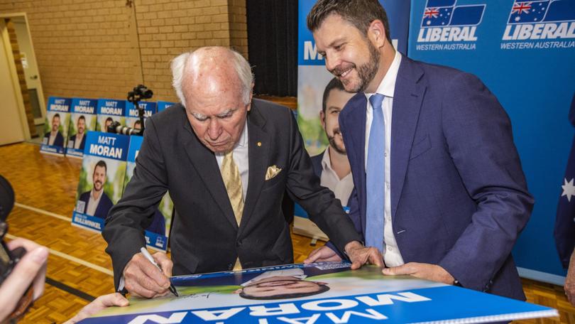 Former Prime Minister John Howard joins Bullwinkel Liberal candidate Matt Moran a a high tea in High Wycombe on Friday.