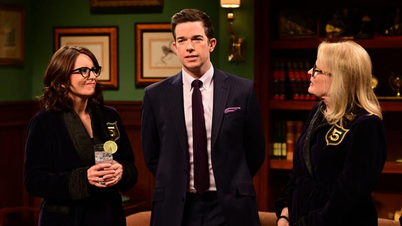 Tina Fey, host John Mulaney, and Candice Bergen during the Five Timers Club sketch in 2022.