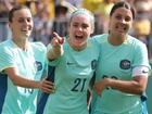 Sam Kerr (right) celebrates a goal with fellow Matildas Hayley Raso and Ellie Carpenter in 2023. (Richard Wainwright/AAP PHOTOS)