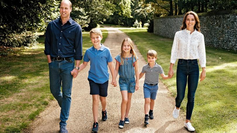 Britain's Prince William, left and Kate, Princess of Wales with their children, from second left, Prince George, Princess Charlotte and Prince Louis in Norfolk, England. 