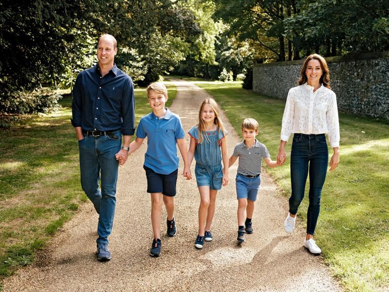 Britain's Prince William, left and Kate, Princess of Wales with their children, from second left, Prince George, Princess Charlotte and Prince Louis in Norfolk, England. 