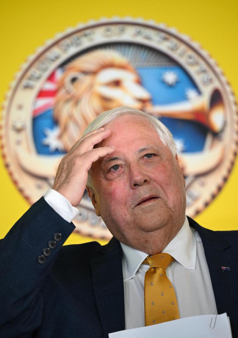 Chair of the Trumpet of Patriots party Clive Palmer speaks to media.