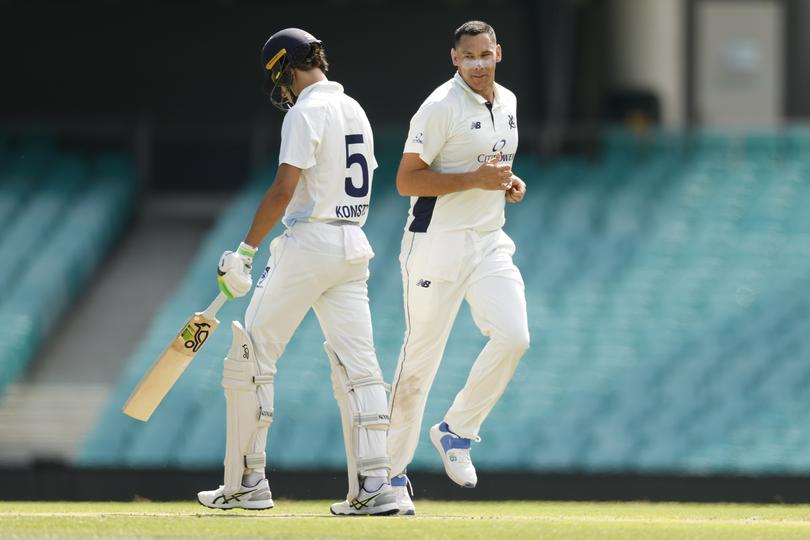 Scott Boland gives Sam Konstas a send-off after bowling him.