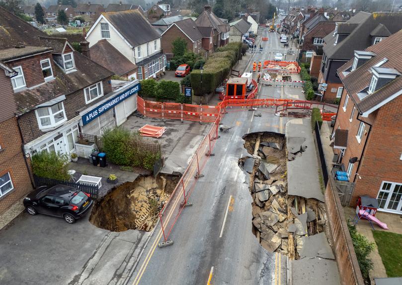 An aerial photograph shows the sinkholes in Godstone, England. 