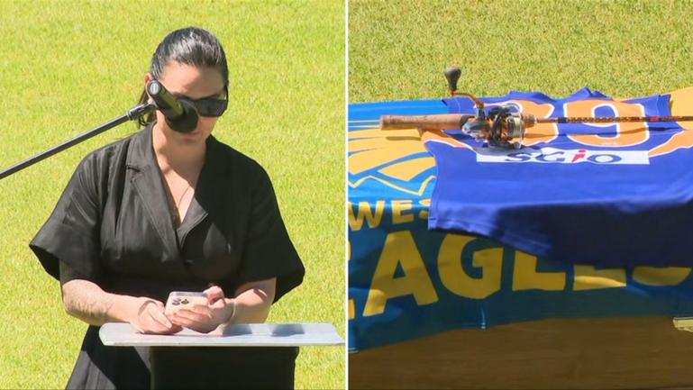 Adam Hunter’s partner, Latisha Yacoub, addresses mourners at the funeral in front of her beloved’s casket.