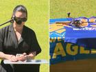 Adam Hunter’s partner, Latisha Yacoub, addresses mourners at the funeral in front of her beloved’s casket.