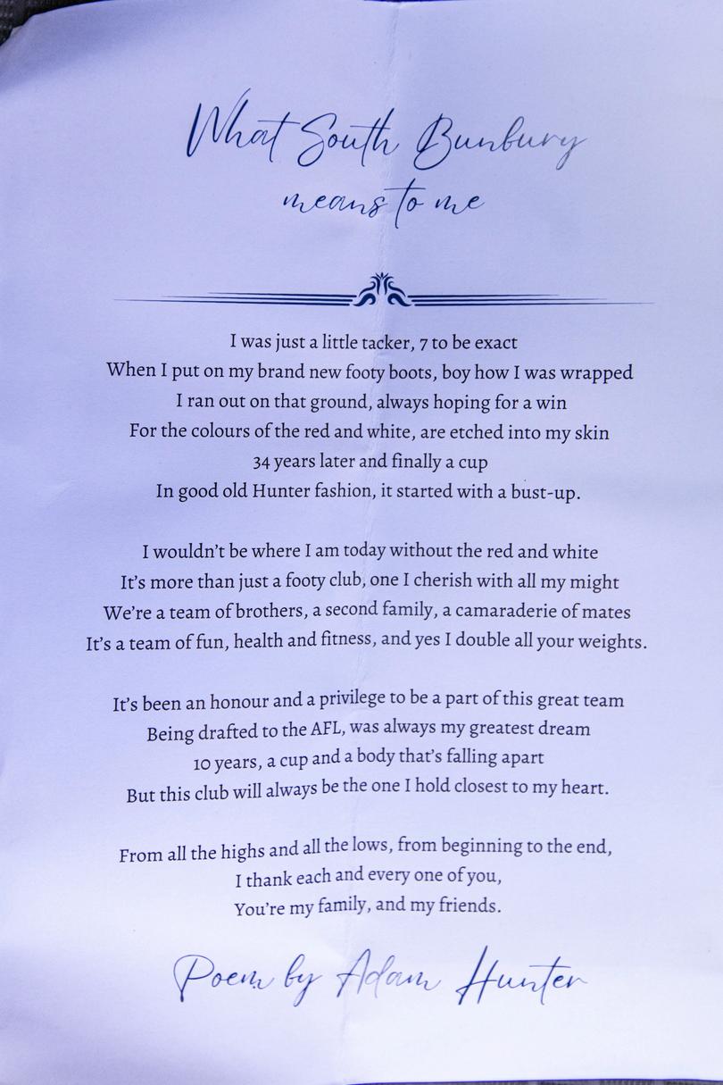 Adam Hunter's poem on the back of the order of service.