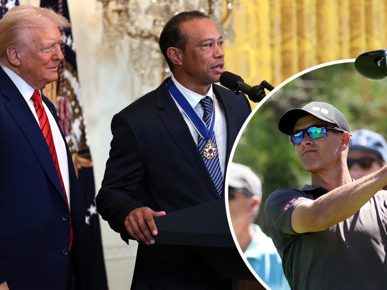 Donald Trump and Tiger Woods at the White House today where Trump heaped praise on Adam Scott.