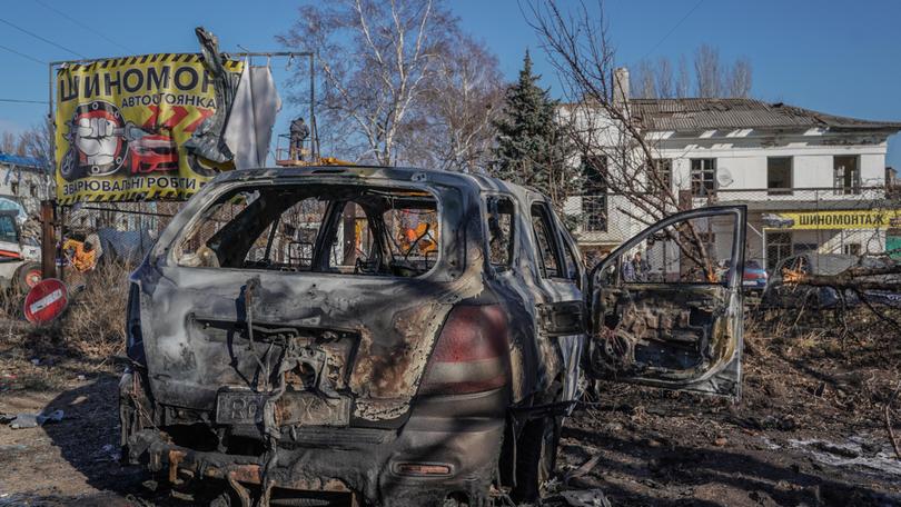 KRAMATORSK, UKRAINE - FEBRUARY 10: A burnt car lies on the street after a Russian attack with aerial bomb on February 10, 2025 in Kramatorsk, Ukraine. On February 9, 2025, the Russian army dropped a 500-kilogram aerial bomb on a residential area in the old part of the city. An airstrike killed one person and injured twelve. At least seven private homes, a medical facility, and cars parked nearby were destroyed. (Photo by Yevhenii Vasyliev/Global Images Ukraine via Getty Images) Global Images Ukraine