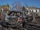 KRAMATORSK, UKRAINE - FEBRUARY 10: A burnt car lies on the street after a Russian attack with aerial bomb on February 10, 2025 in Kramatorsk, Ukraine. On February 9, 2025, the Russian army dropped a 500-kilogram aerial bomb on a residential area in the old part of the city. An airstrike killed one person and injured twelve. At least seven private homes, a medical facility, and cars parked nearby were destroyed. (Photo by Yevhenii Vasyliev/Global Images Ukraine via Getty Images) Global Images Ukraine