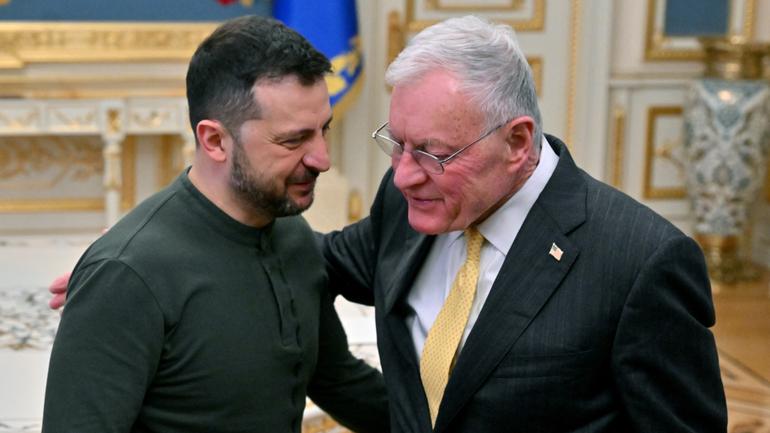 Ukraine's President Volodymyr Zelensky greets US envoy Keith Kellogg at his offices in Kyiv.