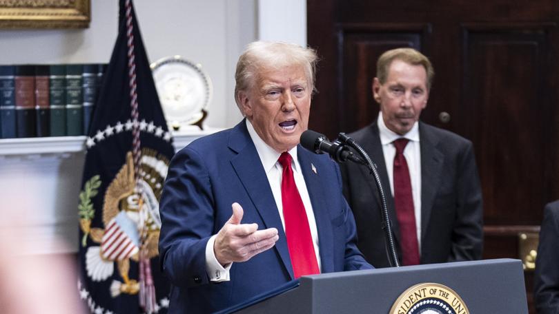 Donald Trump speaks about AI infrastructure alongside Oracle chairman Larry Ellison, SoftBank CEO Masayoshi Son and OpenAI CEO Sam Altman.